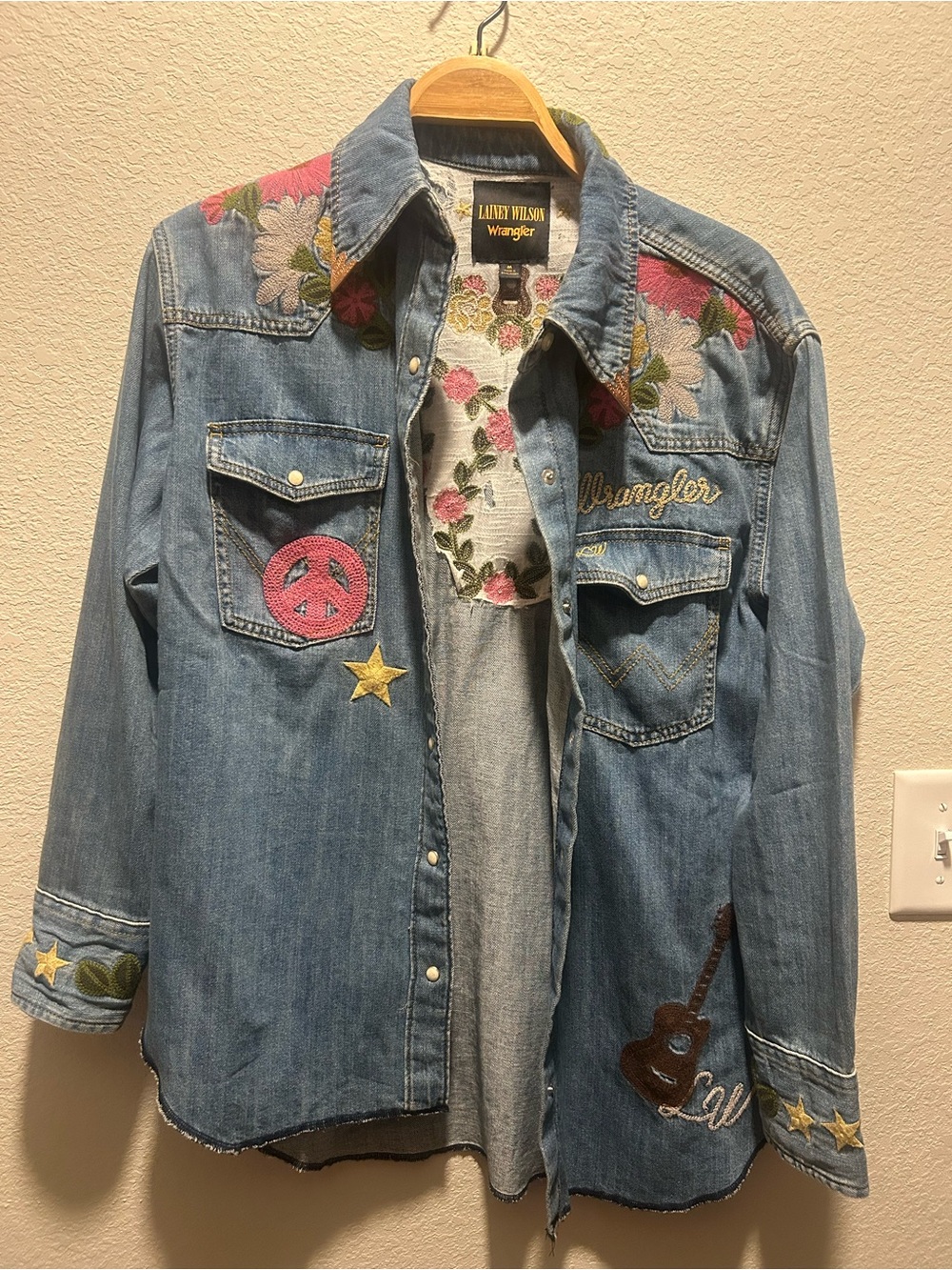 Wrangler Light Blue Denim Jacket with Pink & Gold Embroidery